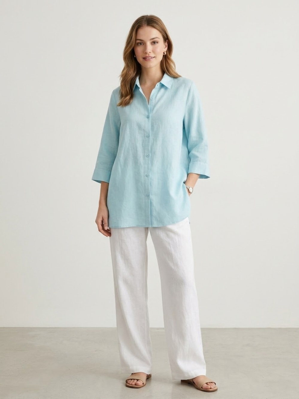 Coldwater Creek Linen Seafoam Button-Down Tunic Blouse 3/4 Quarter Sleeve SZ XL